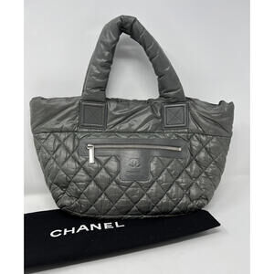 Chanel Quilted CC Coco Cocoon Shoulder Tote Bag Nylon Gray Green Navy Blue Auth